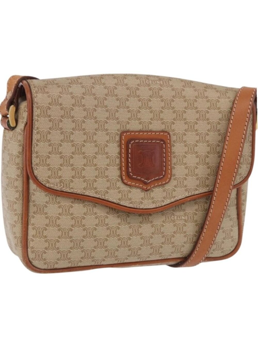 CELINE Macadam Canvas Shoulder Bag PVC Beige Gold